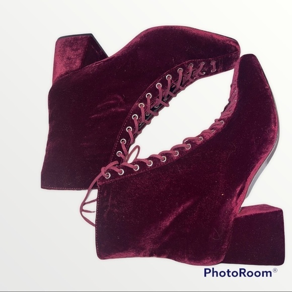 NIB SCHUTZ x REVOLVE Burgundy Velvet Rubi Wine Kika Lace Up Boots, Size 8B - Picture 3 of 7